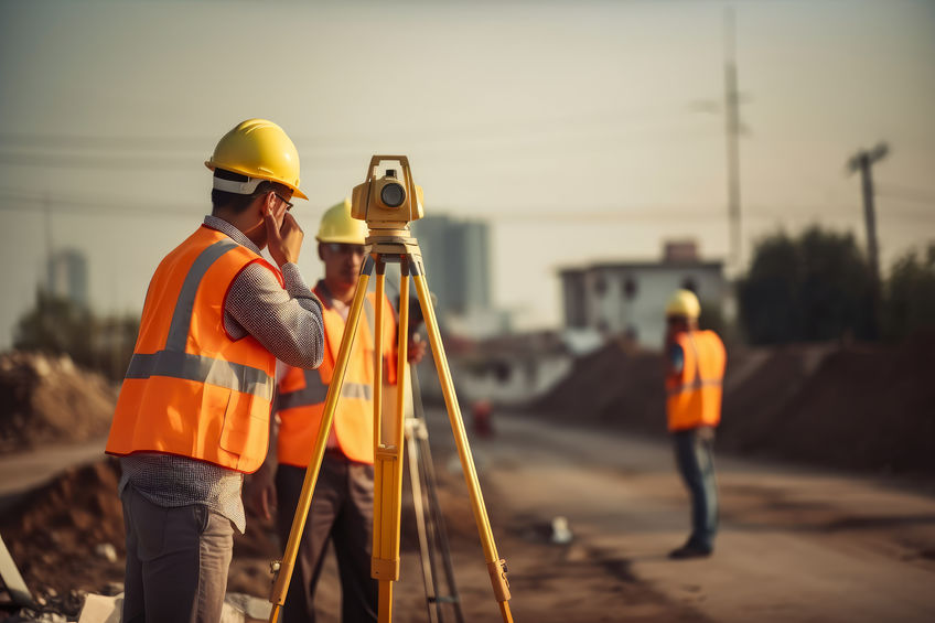 Two construction workers in high-visibility vests and hard hats using a theodolite on a construction site.